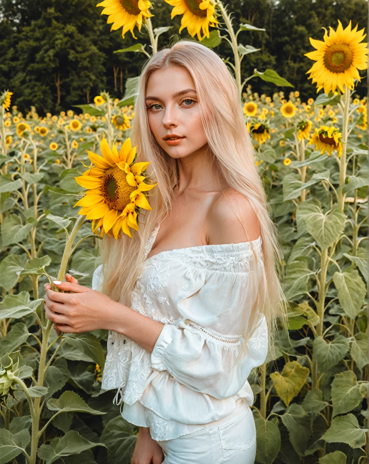 Blonde woman dressed in white holding sunflower in sunflower field., sunflowers in the background, Ukrainian girl, Anna Nikonova aka Newmilky, young woman infp, art album, 2 4 year old female model, beautiful blonde girl, Instagram Template, avatar image, with flowers, album photo, swedish blonde woman, sexy girl with long blonde hair, with long blonde hair