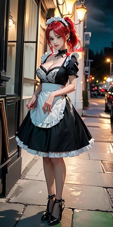 (((Full and soft breasts,)))(((Huge breasts))) (((Cleavage))) (Perfect curvy figure),(((Full of anime,Two-dimensional illustration, (Red hair half ponytail), (3/4 eyes), a smile, An 18-year-old girl, Cute symmetrical face, Black cat ears, Red Eyes, (Clothes with frills, dressed in black lace), Internal color green, A girl, whole body, A masterpiece of 2D art, (masterpiece,Top image quality:1.3),(detail:1.2),(1 girl), All black maid outfit, Night)))