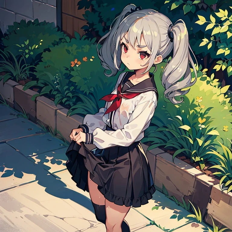 Young girl with grey hair, ((fringed and curly hair)),((curly short twintail)), curly hair ,(red eyes),, ((small bushy eyebrows)), wearing gothic lolita clothing, lolicon , walking to school, bored look, bored face, , lifting her skirt to show her vagina wet with semen, having sex
