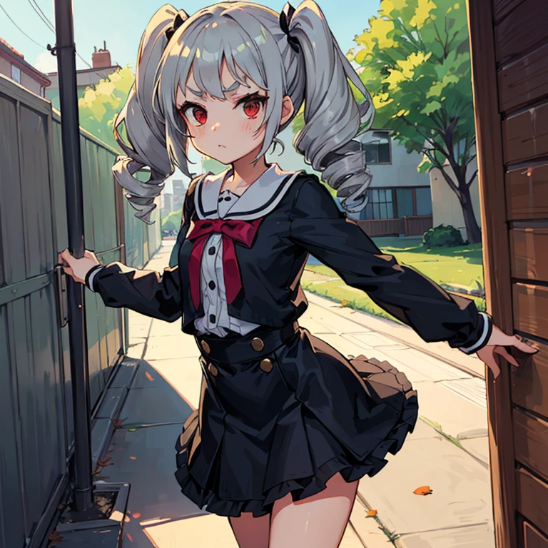 Young girl with grey hair, ((fringed and curly hair)),((curly short twintail)), curly hair ,(red eyes),, ((small bushy eyebrows)), wearing gothic lolita clothing, lolicon , walking to school, bored look, bored face, , lifting her skirt to show her vagina wet with semen, having sex
