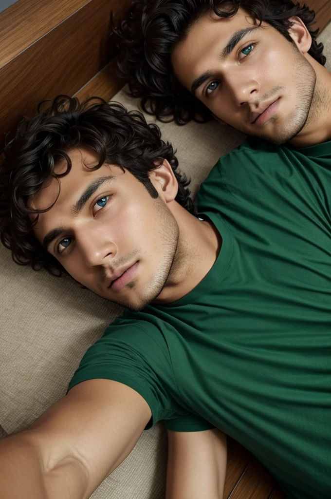 24-year-old man, brown white skin, short hair, reddish black hair, wavy hair, blue eyes, Skinny body, wide shoulders, green shirt, lying down, selfie, profile picture, green t-shirt, looking to the sky.
