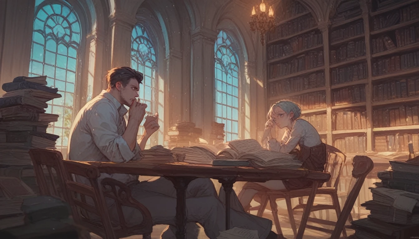Big library with table and books at night, Big window in the centre obstructed by books and tables with books on them with no people inside