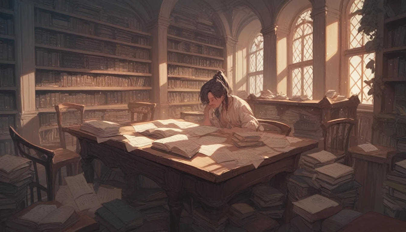 Big library with table and books at night, Big window in the centre obstructed by books and tables with books on them with no people inside