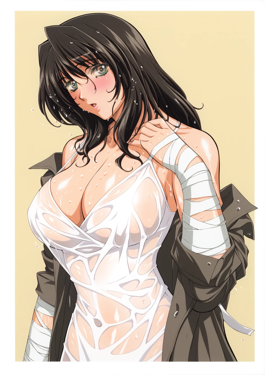 kuroda kazuya, score_7_up, source_anime, very aesthetic, absurdres, rating explicit, 1girl, solo, looking at viewer, blush, cowboy shot, large breasts, bandages, cleavage, coat, dress, off shoulder, see-through, trench coat, wet, wet clothes
