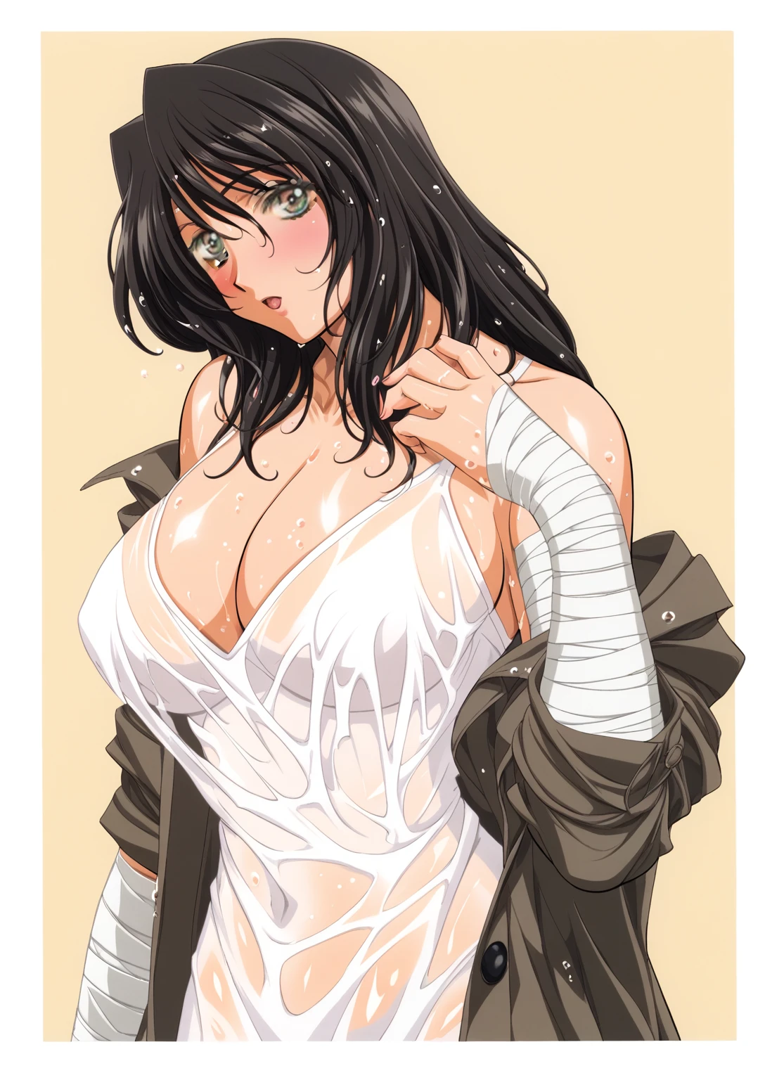 kuroda kazuya, score_7_up, source_anime, very aesthetic, absurdres, rating explicit, 1girl, solo, looking at viewer, blush, cowboy shot, large breasts, bandages, cleavage, coat, dress, off shoulder, see-through, trench coat, wet, wet clothes