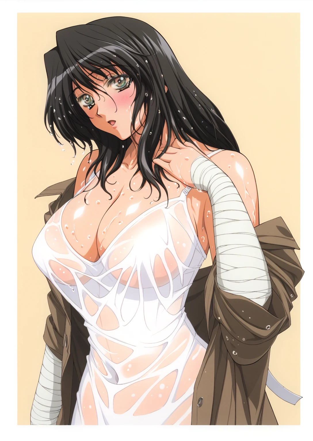 kuroda kazuya, score_7_up, source_anime, very aesthetic, absurdres, rating explicit, 1girl, solo, looking at viewer, blush, cowboy shot, large breasts, bandages, cleavage, coat, dress, off shoulder, see-through, trench coat, wet, wet clothes