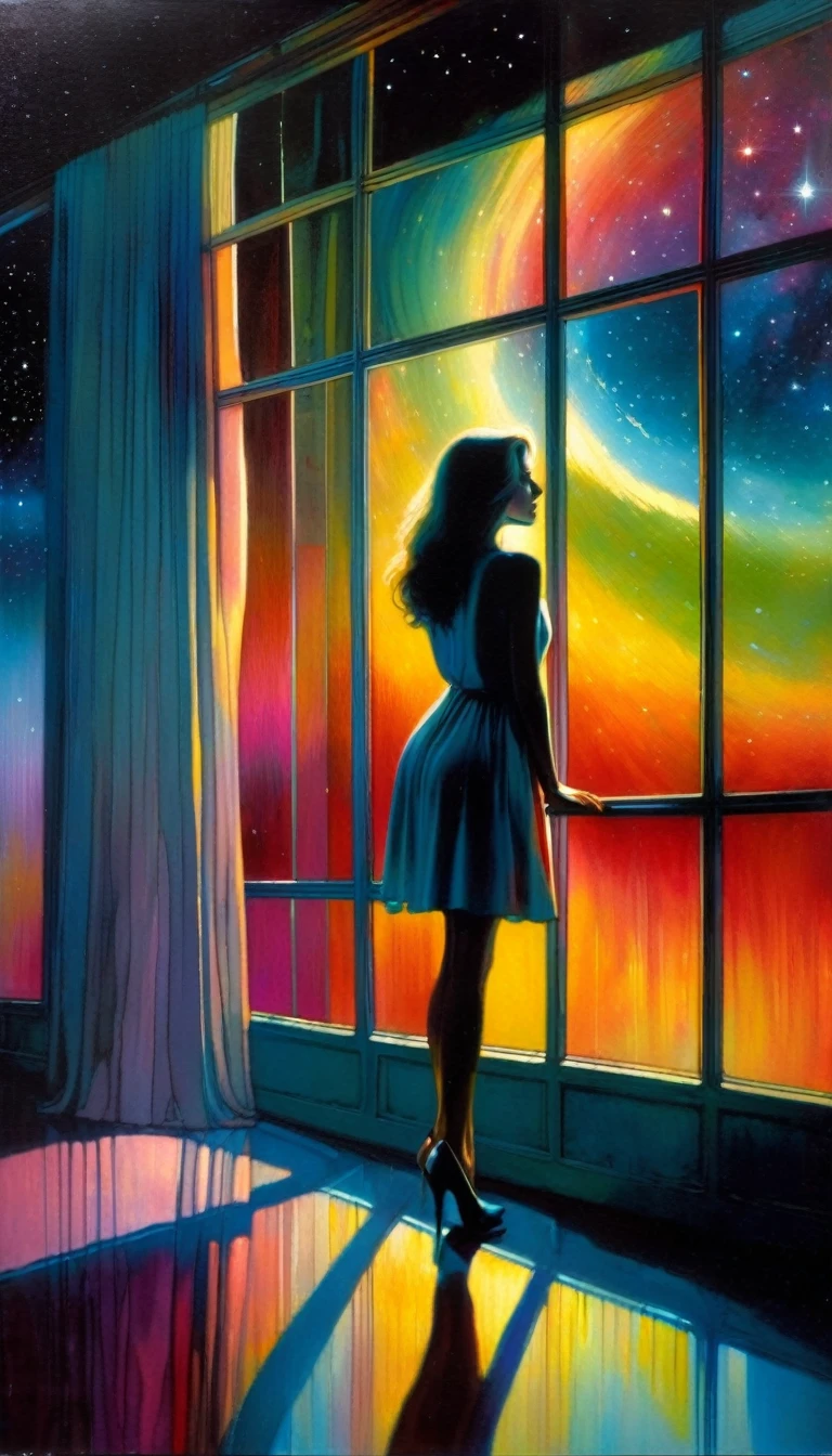 woman, alone, sadness, sexy, standing in front of a large window, through the window a surprising world of colors appears before her, surrealism, night, stars, surreal (art inspired by Bill Sienkiewicz). oil painting)