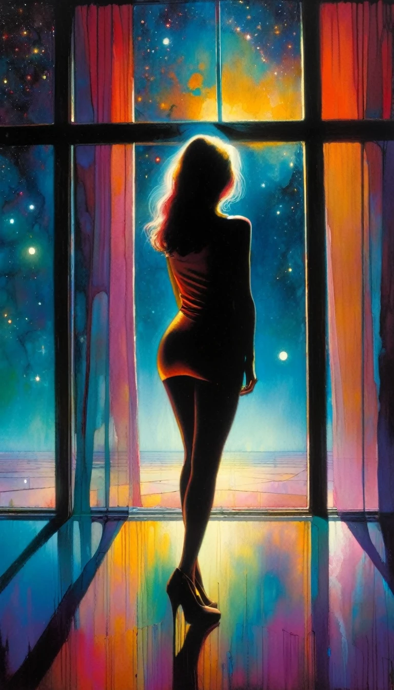 woman, alone, sadness, sexy, standing in front of a large window, through the window a surprising world of colors appears before her, surrealism, night, stars, surreal (art inspired by Bill Sienkiewicz). oil painting)
