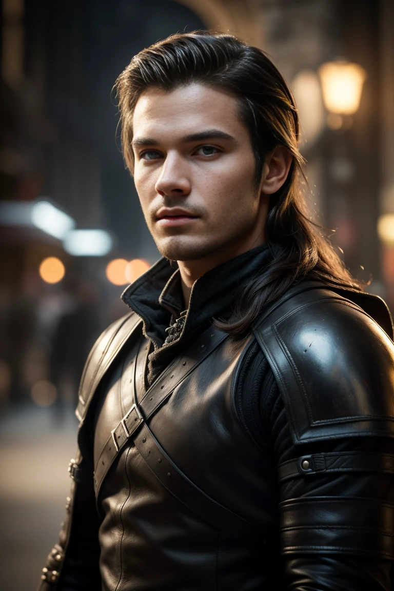 a young man, portrait, ultra realistic, long black hair, archer, black padded armor, westeros, cold setting, light beard, scoundrel medieval han solo look, 20 years old, (best quality,4k,8k,highres,masterpiece:1.2),ultra-detailed,(realistic,photorealistic,photo-realistic:1.37),HDR,UHD,studio lighting,ultra-fine painting,sharp focus,physically-based rendering,extreme detail description,professional,vivid colors,bokeh,portraits,fantasy,dramatic lighting