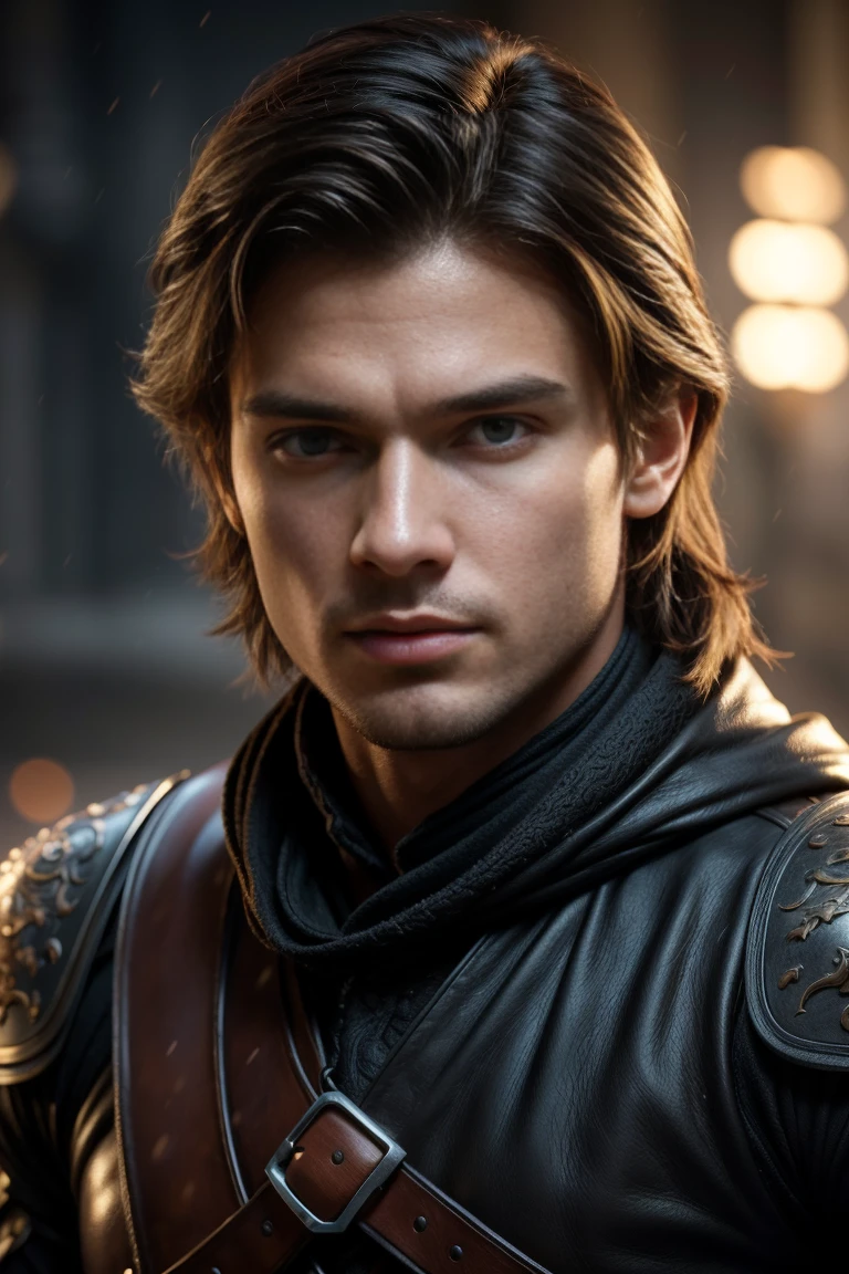 a young man, portrait, ultra realistic, long black hair, archer, black padded armor, westeros, cold setting, light beard, scoundrel medieval han solo look, 20 years old, (best quality,4k,8k,highres,masterpiece:1.2),ultra-detailed,(realistic,photorealistic,photo-realistic:1.37),HDR,UHD,studio lighting,ultra-fine painting,sharp focus,physically-based rendering,extreme detail description,professional,vivid colors,bokeh,portraits,fantasy,dramatic lighting