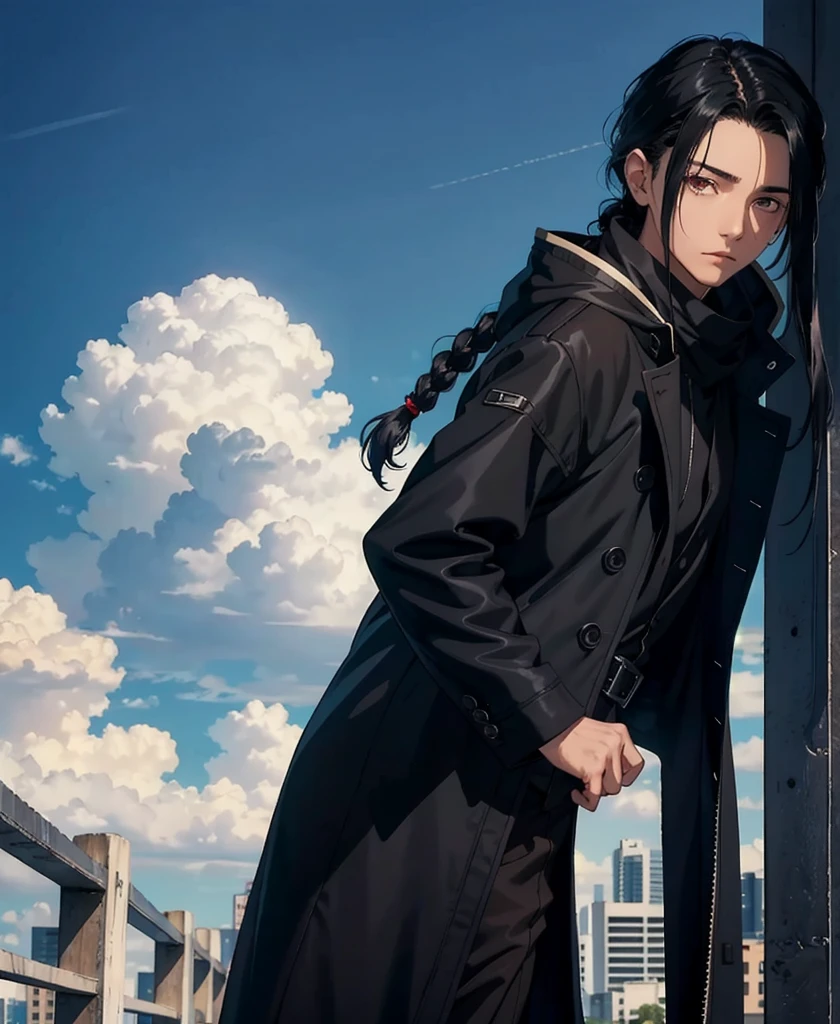 1 boy, , neutral face, black hair, long hair (tied hair), black closed coat, blood, One, Looking at the viewer, upper body, sky, (masterpiece:1.2, Best quality)