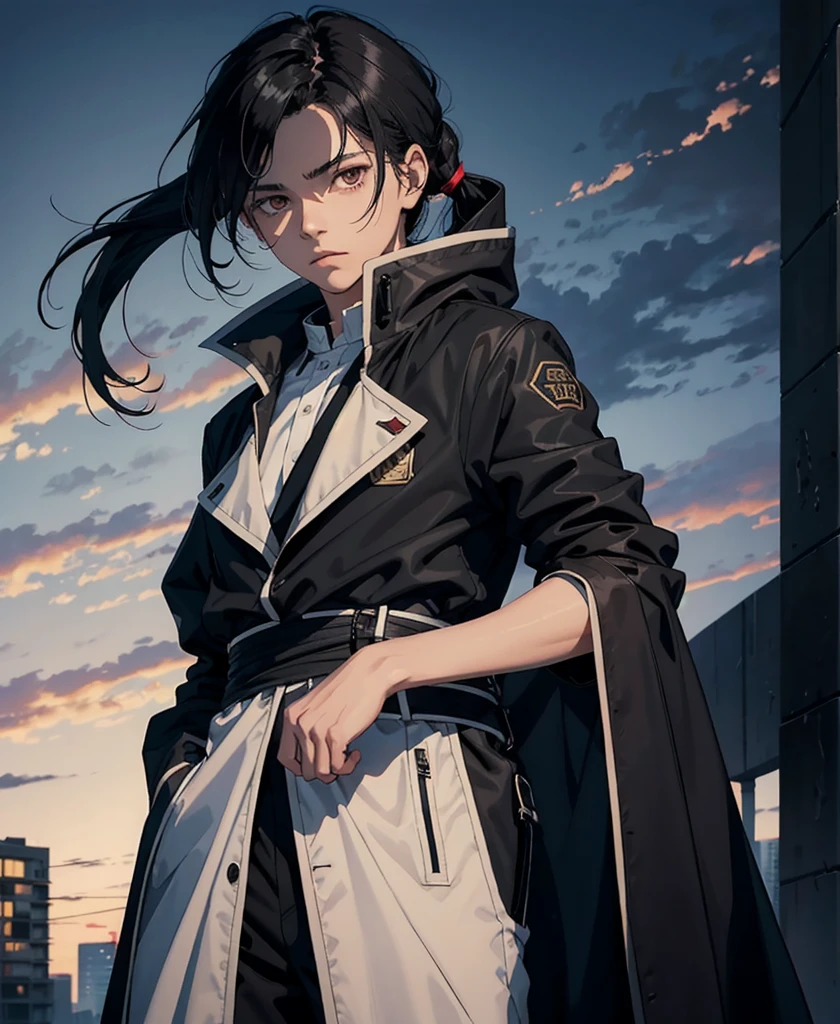 1 boy, 16 years old, neutral face, black hair, long hair (tied hair), black closed coat, blood, One, Looking at the viewer, upper body, sky, (masterpiece:1.2, Best quality)