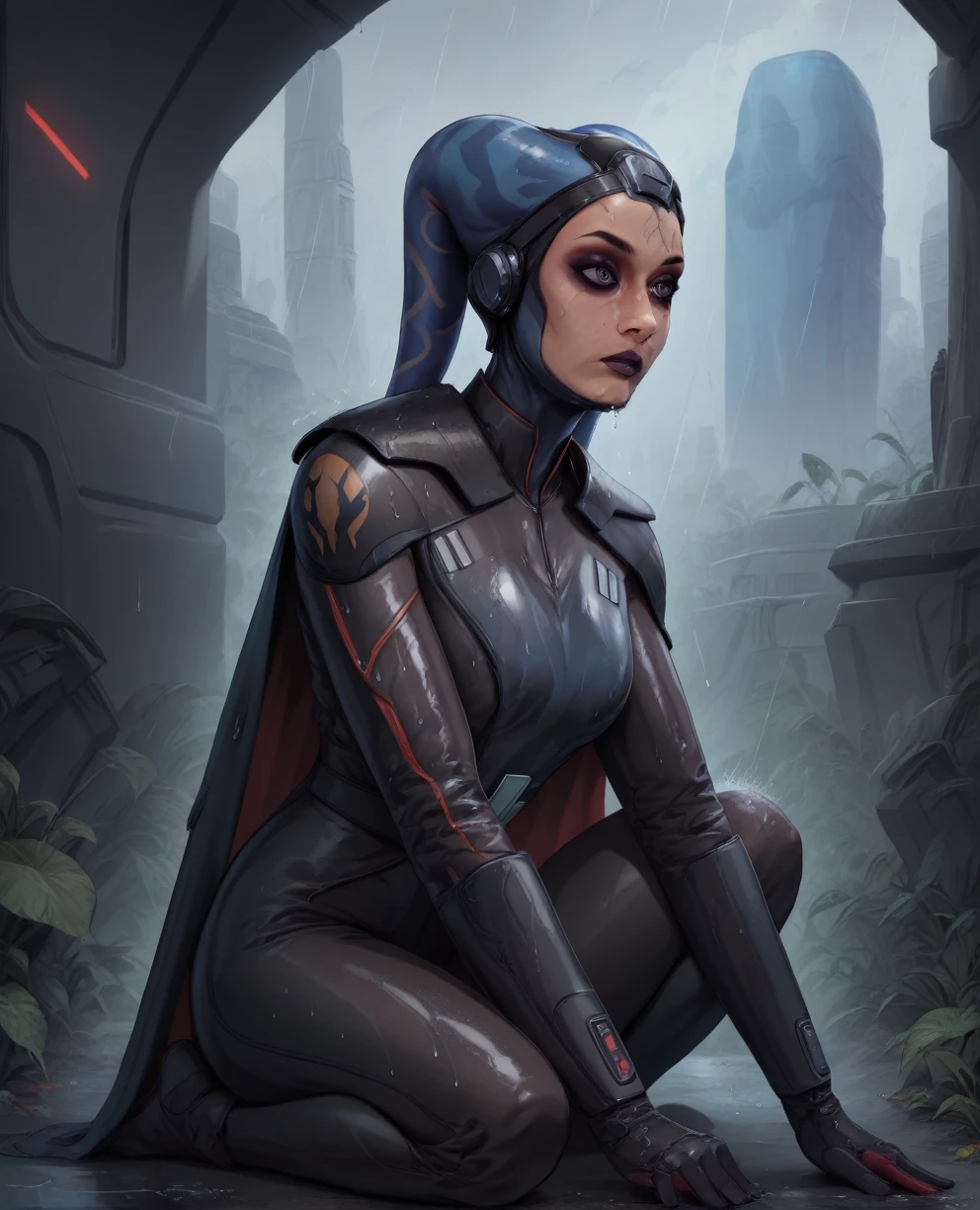 score_9,score_8_up,score_7_up,score_6_up, Female Twi'lek
 ,wearing armor
, FULL body, wet, armor,gloves,black bodysuit,black cape,belt,rain, science fiction,sith base, star wars, outdoors, rain, solo,fflixbag wearing armor sabine wren space_girl
