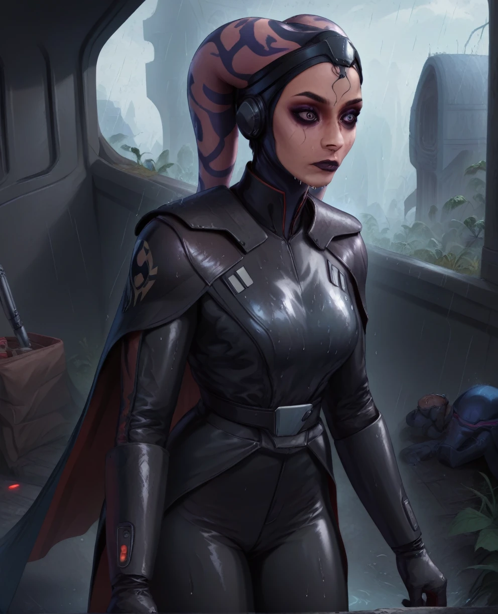 score_9,score_8_up,score_7_up,score_6_up, Female Twi'lek
 ,wearing armor
, FULL body, wet, armor,gloves,black bodysuit,black cape,belt,rain, science fiction,sith base, star wars, outdoors, rain, solo,fflixbag wearing armor sabine wren space_girl

