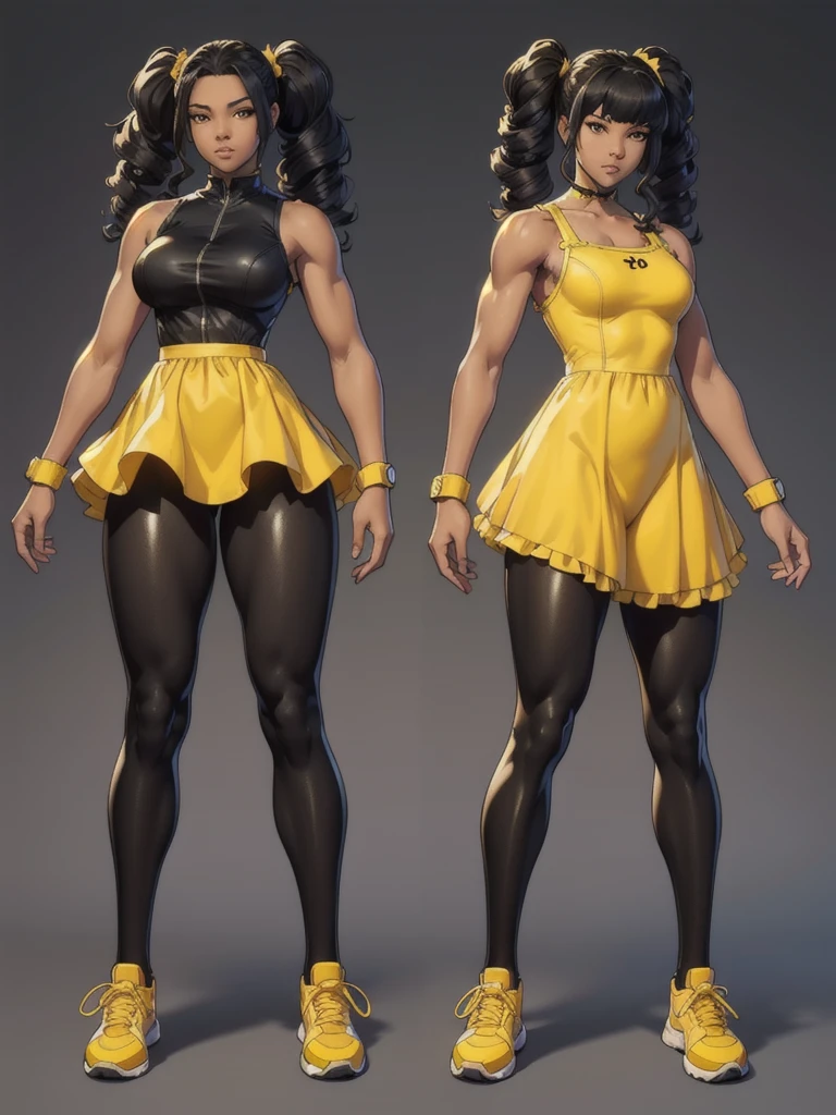 ((best quality)), ((4k)), ((highres)), ((masterpiece:1.2)). ((detailed)), ((ultra realistic)), ((intricate details)), ((full body picture)), ((character design sheet)), ((blank background)), ((standing in a blank background)), full body shot of a beautiful black female, ebony beauty, woman, 18 years old girl, dark brown skin, about 5'5 ft. tall, bushy long curly black hair, ((bushy long curly hair)), long hair, high pigtails, dressed in a yellow sleeveless babydoll dress, ((EMPHASIS ON HER YELLOW SLEEVELESS BABYDOLL DRESS)), black SHINY leggings PANTS and sneakers, fighting game character design, tekken character design, the king of fighters character concept art, character concept art, full body, 18 years old female fighter, girly girl, cute girl, girly fighter character concept art