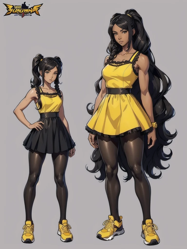 ((best quality)), ((4k)), ((highres)), ((masterpiece:1.2)). ((detailed)), ((ultra realistic)), ((intricate details)), ((full body picture)), ((character design sheet)), ((blank background)), ((standing in a blank background)), full body shot of a beautiful black female, ebony beauty, woman, 18 years old girl, dark brown skin, about 5'5 ft. tall, bushy long curly black hair, ((bushy long curly hair)), long hair, high pigtails, dressed in a yellow sleeveless babydoll dress, ((EMPHASIS ON HER YELLOW SLEEVELESS BABYDOLL DRESS)), black SHINY leggings PANTS and sneakers, fighting game character design, tekken character design, the king of fighters character concept art, character concept art, full body, 18 years old female fighter, girly girl, cute girl, girly fighter character concept art
