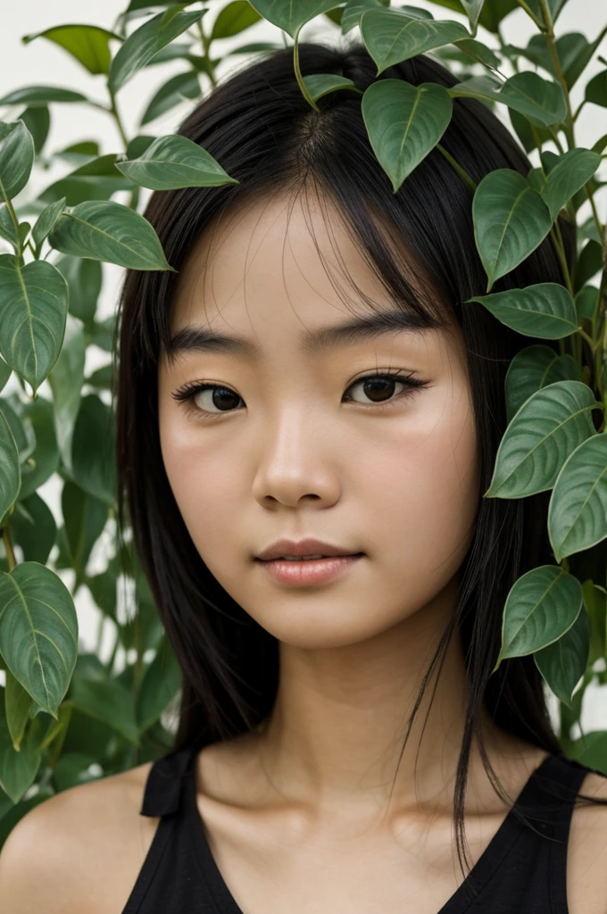 Girl with Asian features,with a background of surreal plants