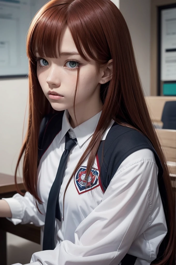 Screenshot of my hero academia. Redhead girl long straight hair, with black highlights, with bangs. One eye is green and the other blue and he has a serious expression.. This is bandaged from the mouth to the neck.She is wearing a UA uniform and in the background she has a UA school class and she is sitting at a table.