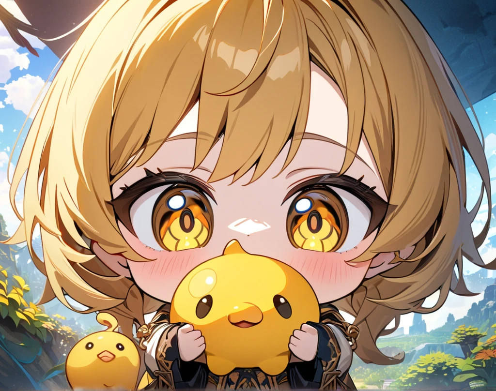 ((masterpiece, best quality)), very aesthetic, ultra detailed, intricate details, highly detailed, UHD, HDR, 8K, perfect face, 1girl, yellow long hair, yellow eyes, with yellow octopus, detailed background, vibrant environment background, chibi, (newest anime art style)