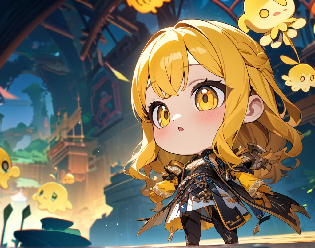 ((masterpiece, best quality)), very aesthetic, ultra detailed, intricate details, highly detailed, UHD, HDR, 8K, perfect face, 1girl, yellow long hair, yellow eyes, with yellow octopus, detailed background, vibrant environment background, chibi, (newest anime art style)
