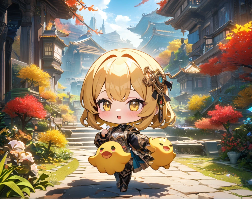 ((masterpiece, best quality)), very aesthetic, ultra detailed, intricate details, highly detailed, UHD, HDR, 8K, perfect face, 1girl, yellow long hair, yellow eyes, with yellow octopus, detailed background, vibrant environment background, chibi, (newest anime art style)