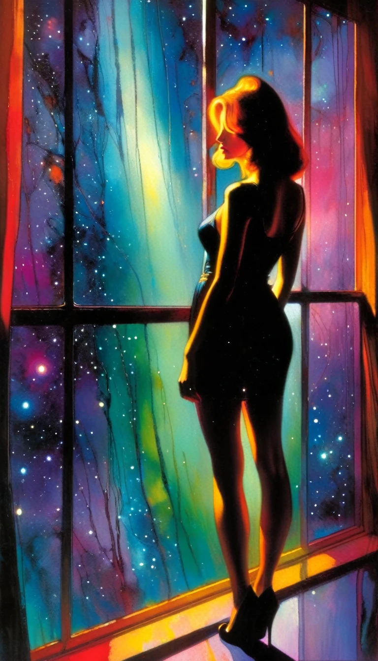 woman, alone, sadness, sexy, standing in front of a large window, through the window a surprising world of colors appears before her, surrealism, night, stars, surreal (art inspired by Bill Sienkiewicz). oil painting)