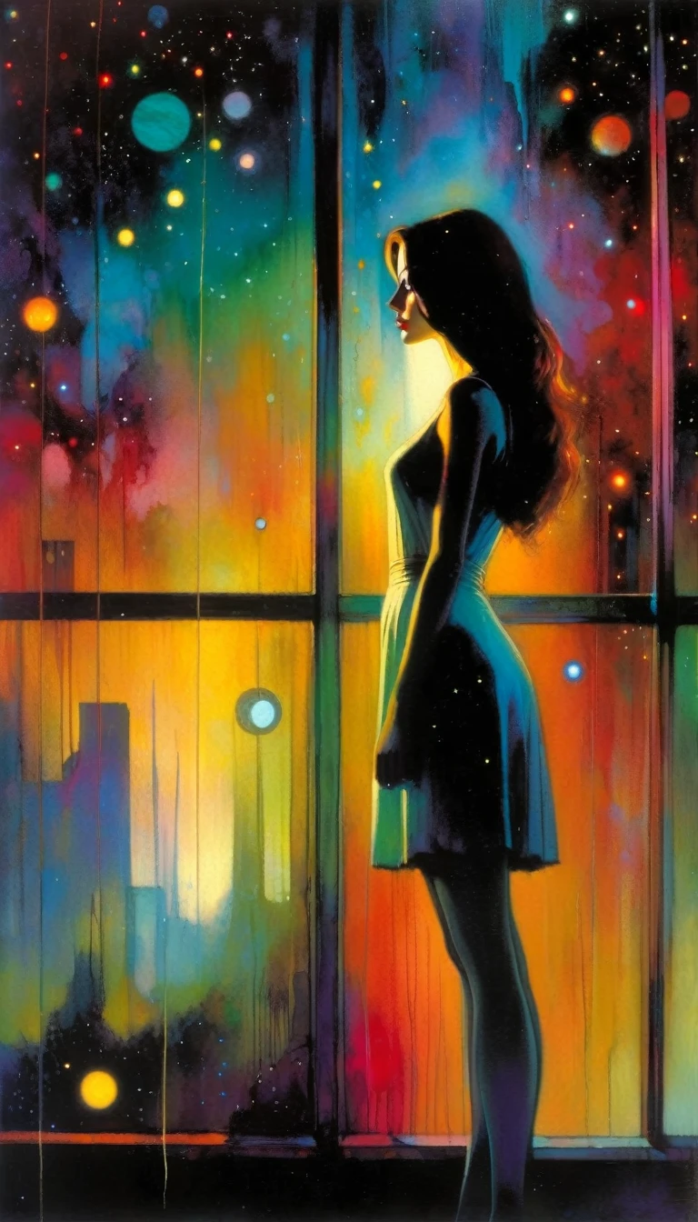 woman, alone, sadness, sexy, standing in front of a large window, through the window a surprising world of colors appears before her, surrealism, night, stars, surreal (art inspired by Bill Sienkiewicz). oil painting)