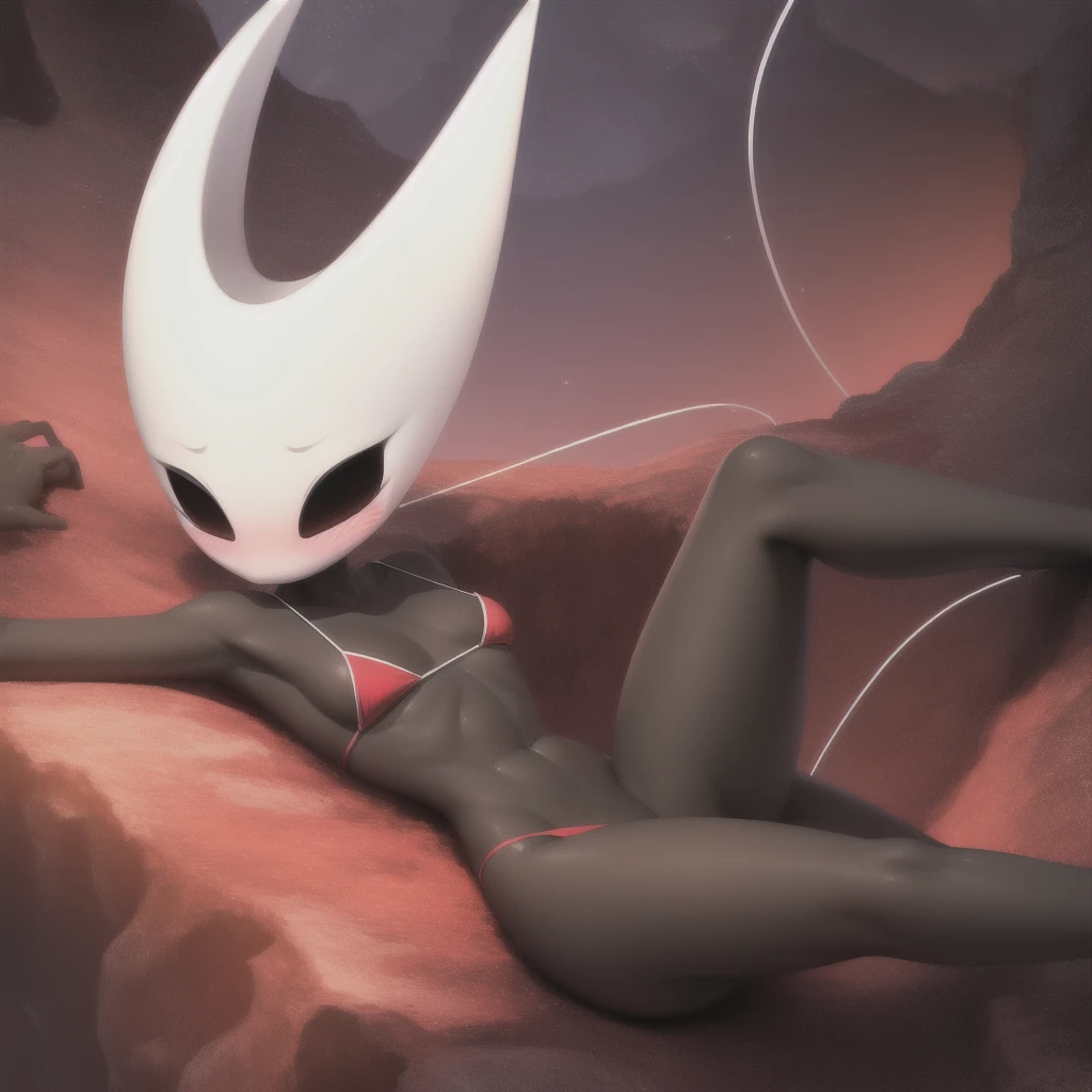 hornet, cute, chibi, no feet, furry girl, slim,anthro, needle weapon, thread, solo, red panties, bare feet, Lying on his back, kind of , top body, red bikini, (best quality), (detailed dark cave background:1.2), looking at viewer, flat colors, medium breasts, no nipples, no vagina, sexy body, abs, (blushes 1.5), underboob