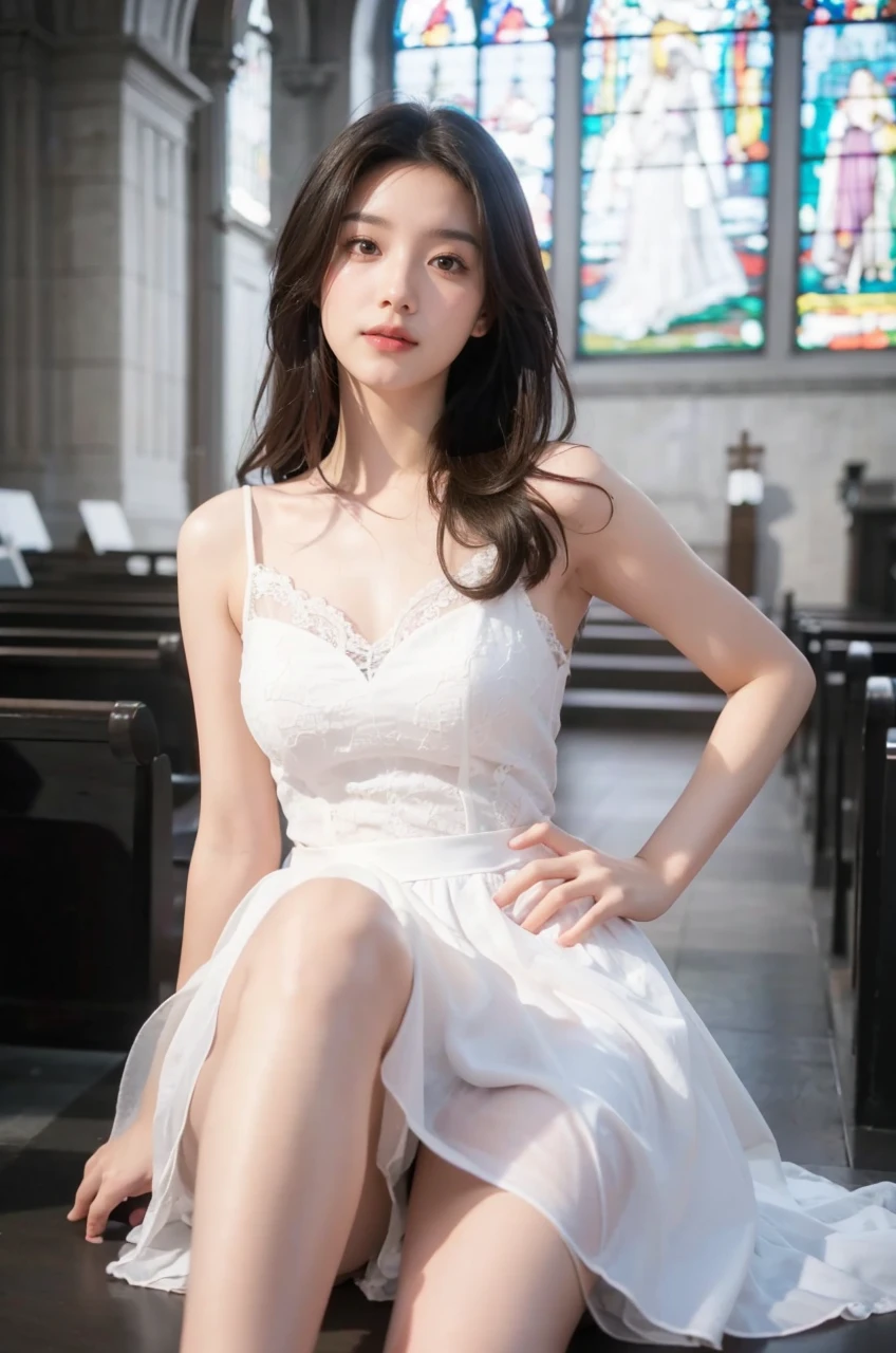 8K RAW Photos, Highest quality, masterpiece, Ultra-high resolution, 3d, Realistic, One girl, Asian, black_hair, White Dress, length_hair, nose, Natural skin texture, light brown_eye, detailed eyes and face, lips, lipstick, smile, Beautiful feet, ????????????, Beautiful inside of church location, (Detailed Background), White Dress, White shirt, Blurred Background, Short sleeve