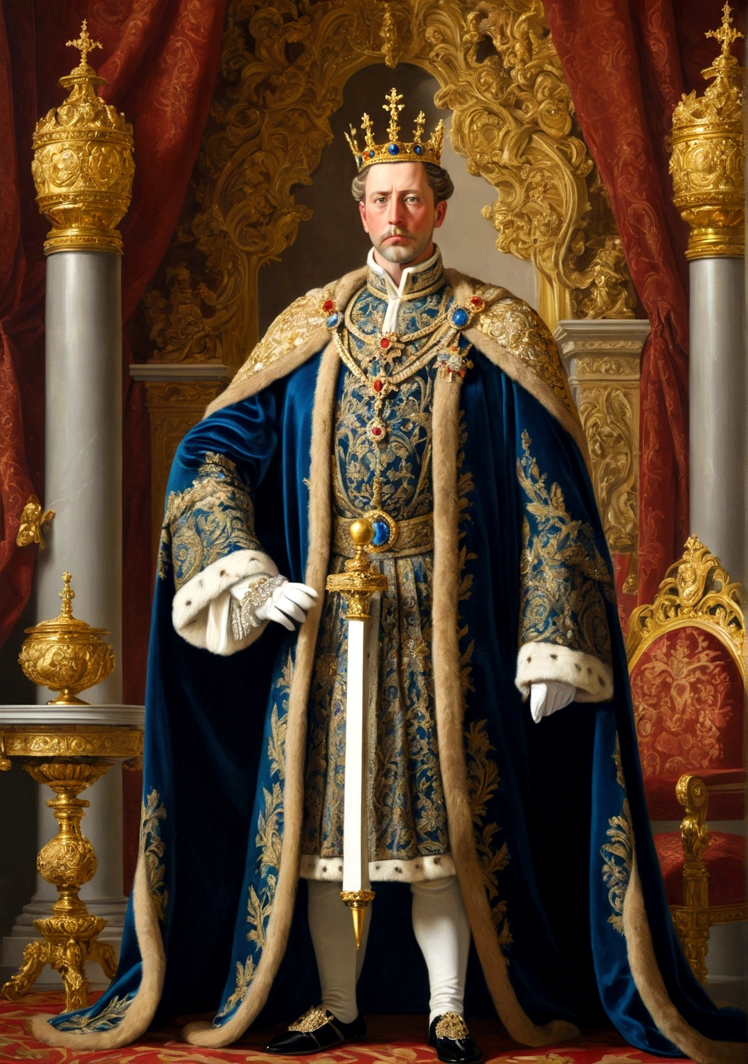 Prompt:
"A detailed painting of Emperor Ferdinand I of Austria, standing alone in regal attire. He is wearing a richly decorated imperial robe with a golden crown, holding a scepter in one hand. His expression is solemn and regal. The background features a luxurious royal chamber with ornate decorations and a grand throne."

Size:
"1024x1024"