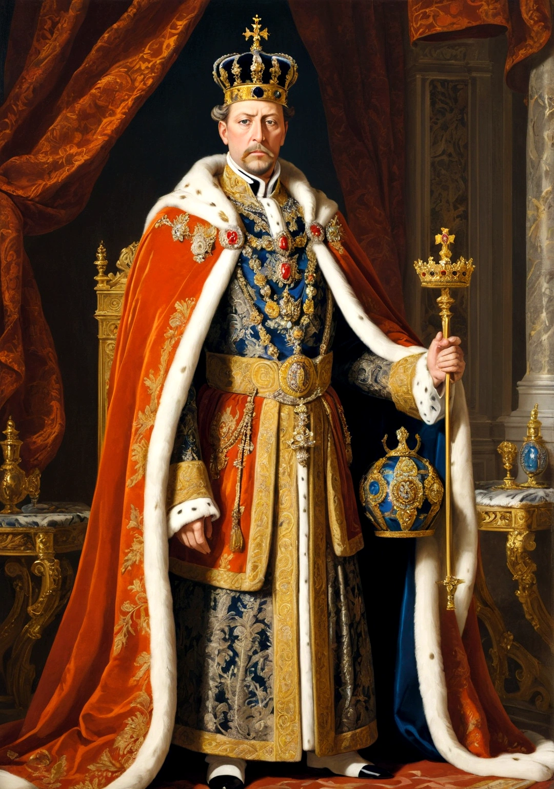 Prompt:
"A detailed painting of Emperor Ferdinand I of Austria, standing alone in regal attire. He is wearing a richly decorated imperial robe with a golden crown, holding a scepter in one hand. His expression is solemn and regal. The background features a luxurious royal chamber with ornate decorations and a grand throne."

Size:
"1024x1024"