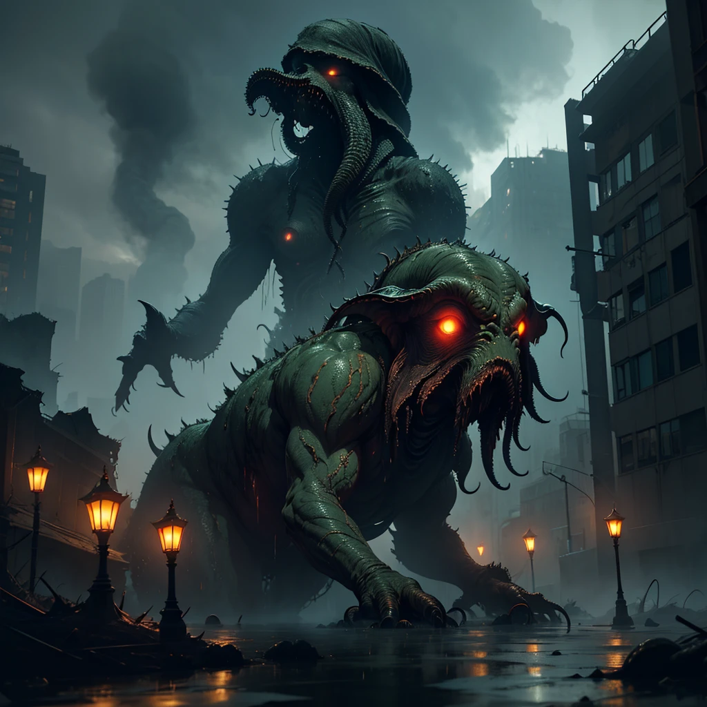 cthulhu, Colossal, destroying cities, in the rain, the night,  ((best qualityer, extreme quality, Masterpiece artwork)), realisitic