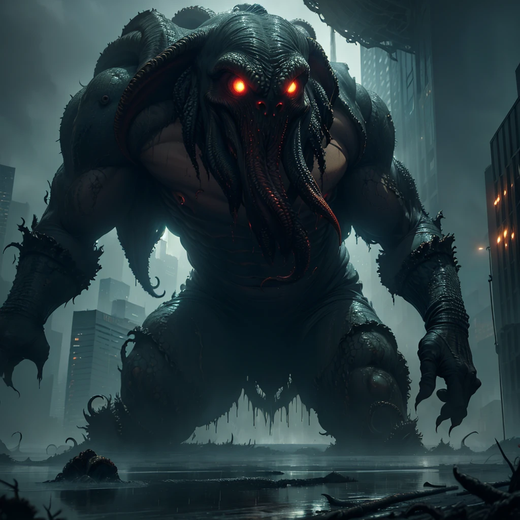 cthulhu, Colossal, destroying cities, in the rain, the night,  ((best qualityer, extreme quality, Masterpiece artwork)), realisitic