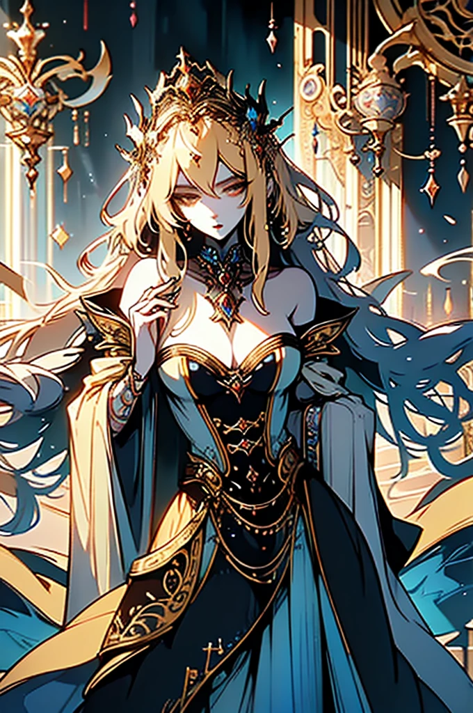 A whimsically elegant fairy, every feature exudes opulence in the midst of fantasy: shimmering wings adorned with exquisite gemstones, flowing golden locks cascading down a crystal-studded gown, and enchantingly ethereal eyes gleaming with otherworldly wisdom. The image is a digital painting created with intricate detail and vibrant colors. The fairy's presence is captivating and timeless, embodying a blend of grace and extravagance that mesmerizes the viewer.