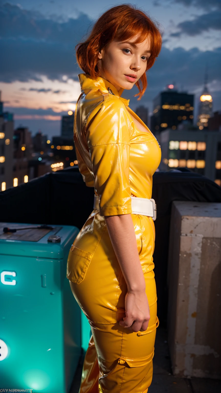 (masterpiece), (best quality), (solo character), (large breasts), (photorealistic:1.4), (chr1sh3n wearing white belt), (apriloneil costume, jumpsuit), (yellow latex jumpsuit), (apriloneil hairstyle), (apriloneil white belt), (apriloneil boots), (aprilonei wearing watch), (epiCRealLife), (lora:epiCFlashPhoto), (red hair), (red lipstick), (brown eyes), (young woman), (flashphoto), (at night), (new york city view), (garden rooftop), (outdoor),(standing), (different poses), (look at viewers), (from side)