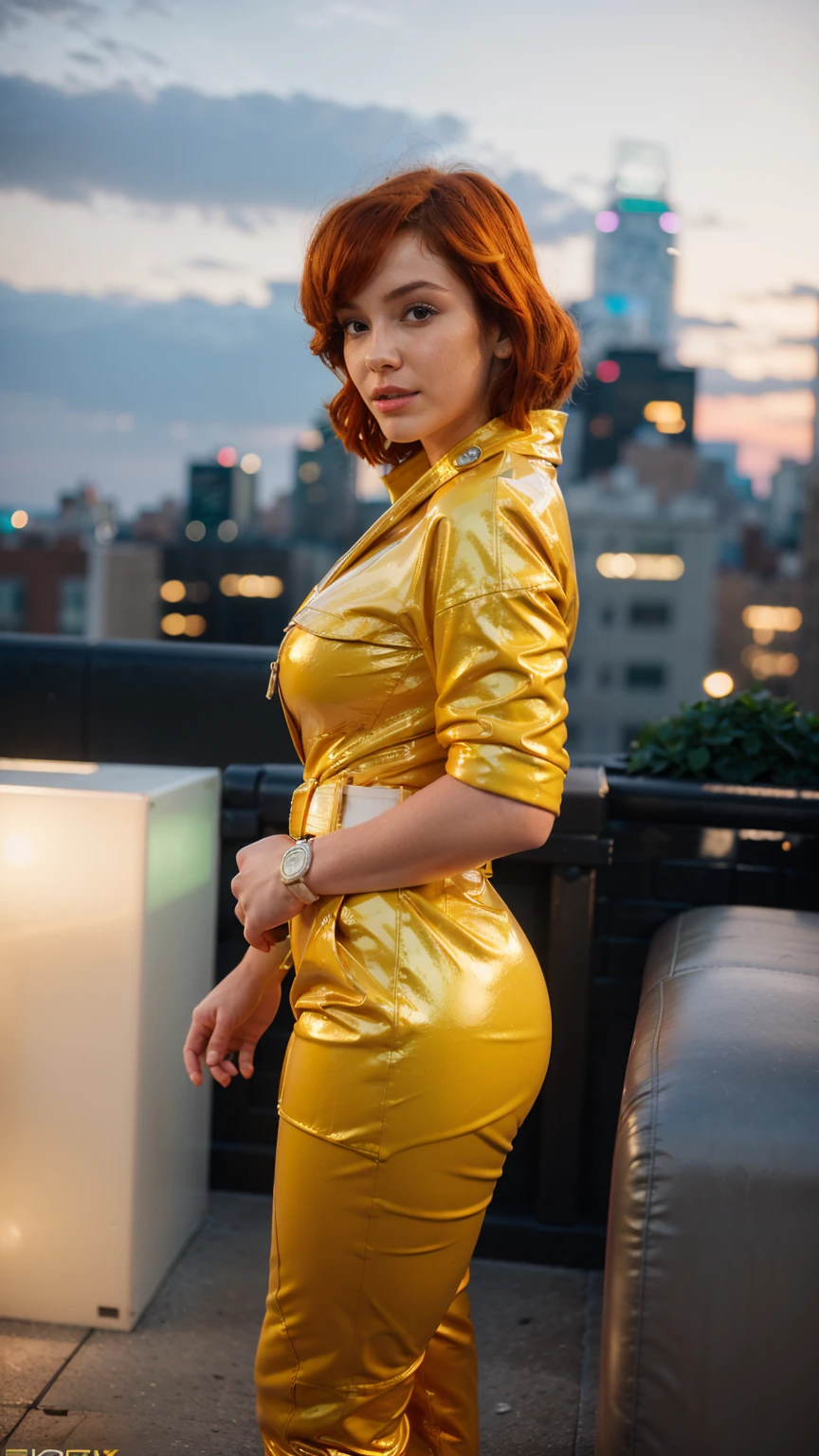 (masterpiece), (best quality), (solo character), (large breasts), (photorealistic:1.4), (chr1sh3n wearing white belt), (apriloneil costume, jumpsuit), (yellow latex jumpsuit), (apriloneil hairstyle), (apriloneil white belt), (apriloneil boots), (aprilonei wearing watch), (epiCRealLife), (lora:epiCFlashPhoto), (red hair), (red lipstick), (brown eyes), (young woman), (flashphoto), (at night), (new york city view), (garden rooftop), (outdoor),(standing), (different poses), (look at viewers), (from side)