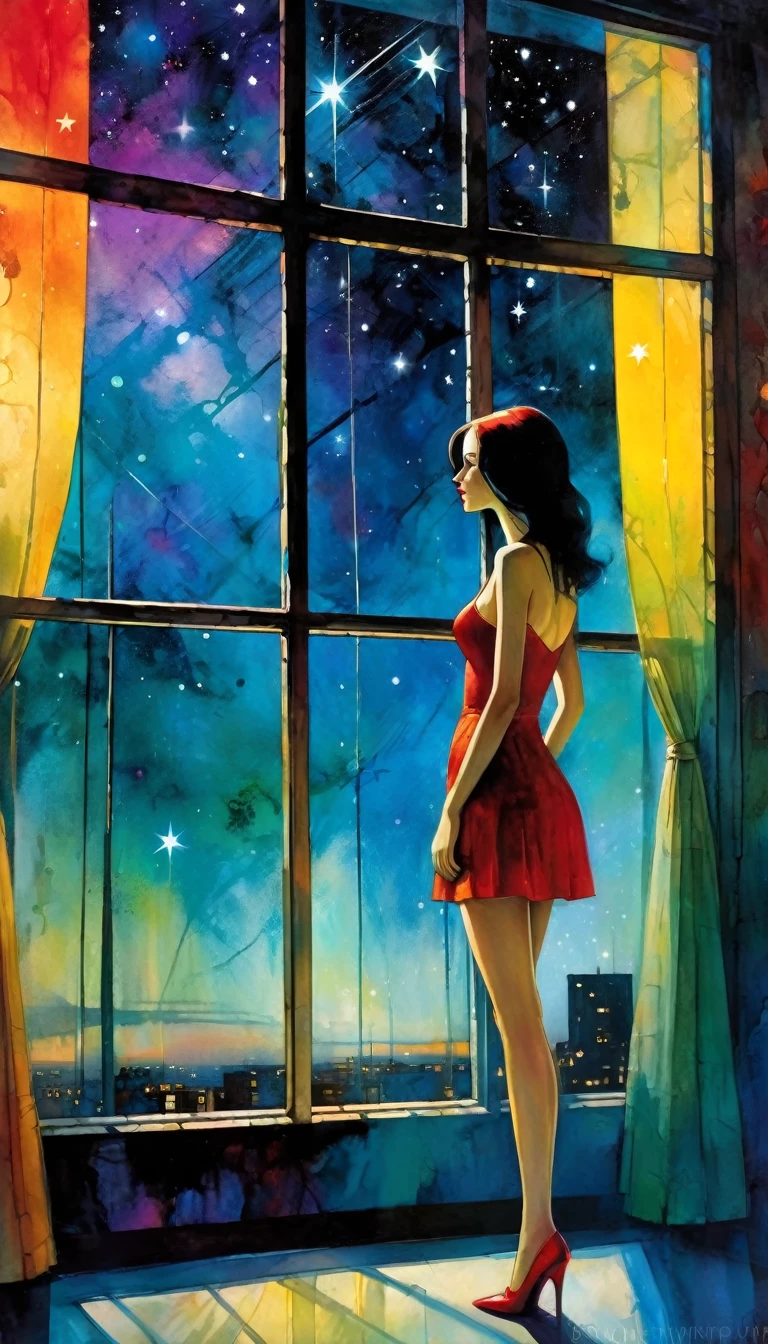 woman, alone, sadness, sexy, standing in front of a large window, through the window a surprising world of colors appears before her, surrealism, night, stars, surreal (art inspired by Bill Sienkiewicz). oil painting)
