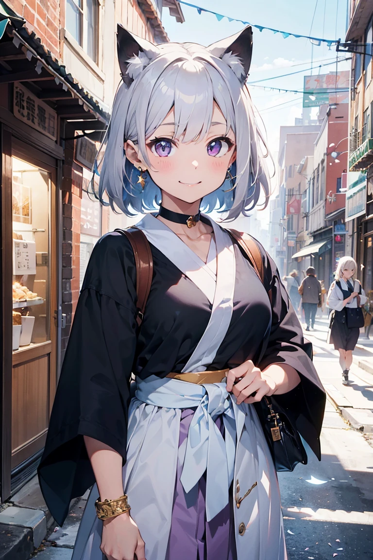 (((masterpiece))), (((Highest quality))), ((Very detailed)), ((Very detailedなイラスト)), ((Ultra-fine painting)), (16K Highest quality wallpaper:1.4), (Detailed and elaborate illustration style,:1.8) Detailed skin texture, High quality fabric, , (T-masterpiece), (Very detailedな顔:1.4), original, RAW Photos, Professional, Intricate details, Very detailed, Direct sunlight:1.6, ,(Cowboy Shot:1.9)、(Perfect Anatomy:1.4), (Extremely elaborate hands:1.2), (Very elaborate fingers:1.2), (Very elaborate fingers先:1.2),, (alone:1.6), (beautiful and adorable cat ears:1.6), (Intricate and delicate white cat ears:1.4), (beautiful, Shiny white hair:1.6), (Very fine and delicate white hair:1.4),, (Very detailedな顔:1.4),(Light purple eyes:1.4),(smile:1.4),, whole body,
One Girl, bangs, black choker, black tie, blonde, b, blush, bracelet, chest, choker, clothes Surrounding area waist, clavicle, collared shirt, Cowboy Shot,, ear Earrings, Eyebrows visible through hair, Gradient Hair, Grin, Improve, jewelry, Kogal, Long Hair, View your audience,, Earrings, ring, , shirt, skirt, smile, alone, white shirt,
street, null, Gerbera petals,shape, (Hakama:1.3), (Bow and Arrow:1.3), fashionable, woman, Vibrant, Costumes, stop temporarily, front, colorful, dynamic, background, element, Be confident, performance, Holding, statement, accessories, Majestic, Coiled, Surrounding area, touch, scene, article, cover, bold, to attract attention, title, stylish, font, Catchy, Heading, big, impressive, Modern, tendency, concentrate, fashion,