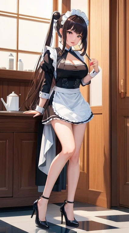 (best quality), 1 girl, Extremely detailed, illustration, Yang Guifei, permanent, (maid:1.4), cleveage, maid apron, High heel