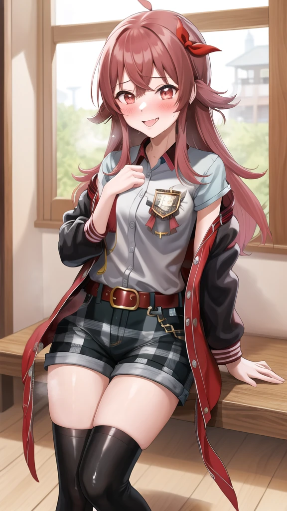 masterpiece, best quality, highres, akaho, long hair, ahoge, hair ribbon, red ribbon, letterman jacket, long sleeves, 手链, open jacket, collared shirt, grey shirt, Red belt, green shorts, plaid, black thighhighs, street, cowboy shot. :p、loafers、Long legs、Long legs、Absolute area、Micro Shorts、(Black knee socks:1.4) Grinning、Smile、is standing、Sweating:1.5), (steam:1.3), ((((blush))))),Absolute area、(black leather thigh boots)、a room、Hi-Res, 1girl in, ,},{{独奏,Boyish 1 Girl}}