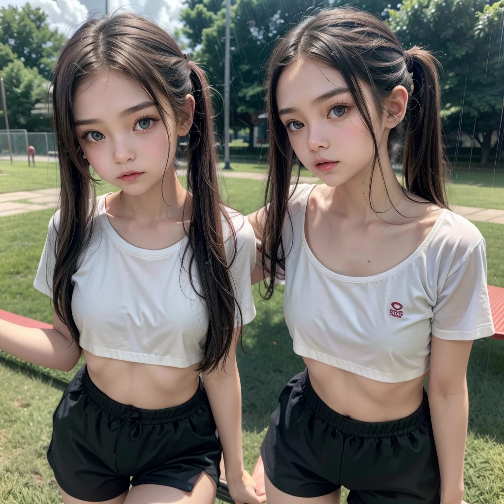 portlate, NSFW, girl, 14,rl, cute beauty, , no hips and thigh, flat waist, tiny breast, long black silky disheveled hair, long hair、short sleeves、rainy days、Clothes are see-through in the rain、Physical education field、cute face、low twin tails, scared, beautiful white shinny skin, red runner shorts, tiny thin top, Green eyes balanced, puffy Areola