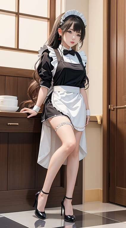(best quality), 1 girl, Extremely detailed, illustration, Yang Guifei, permanent, (maid:1.4), cleveage, maid apron, High heel