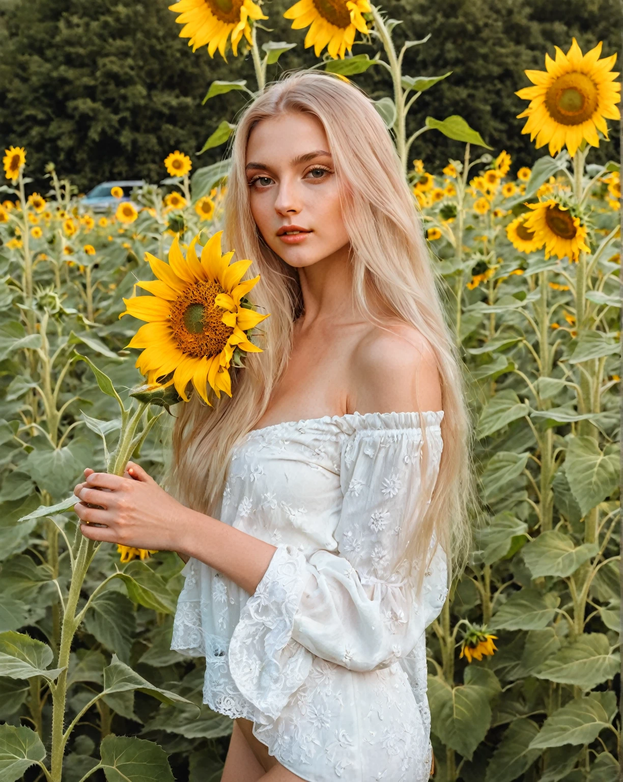 Blonde woman dressed in white holding sunflower in sunflower field., sunflowers in the background, Ukrainian girl, Anna Nikonova aka Newmilky, young woman infp, art album, 2 4 year old female model, beautiful blonde girl, Instagram Template, avatar image, with flowers, album photo, swedish blonde woman, sexy girl with long blonde hair, with long blonde hair