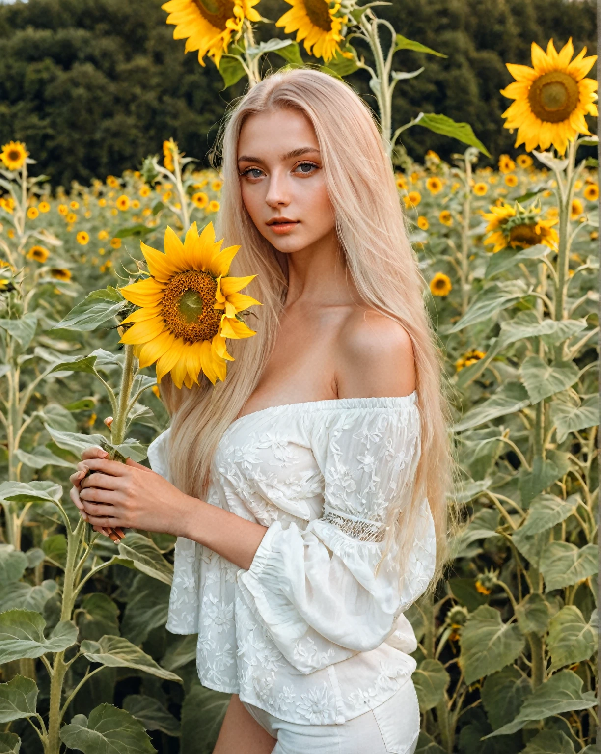 Blonde woman dressed in white holding sunflower in sunflower field., sunflowers in the background, Ukrainian girl, Anna Nikonova aka Newmilky, young woman infp, art album, 2 4 year old female model, beautiful blonde girl, Instagram Template, avatar image, with flowers, album photo, swedish blonde woman, sexy girl with long blonde hair, with long blonde hair