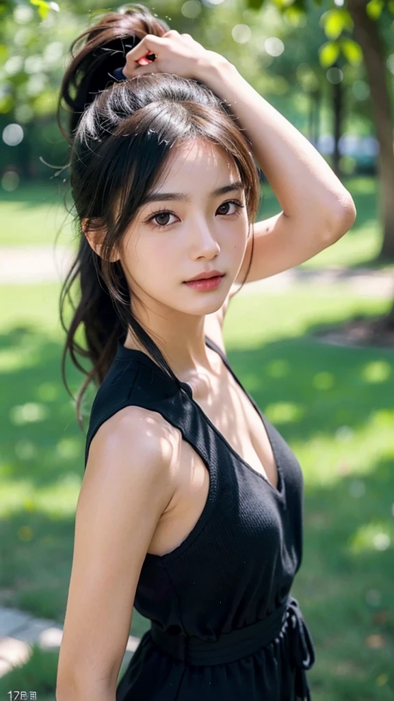 dress,outdoors,Urban Park,On the lawn,One woman,close up face,fully body photo,masutepiece, The highest image quality, High quality, the background is clear,Beautiful woman, Japanese, Detailed, Ultra-detailed, finely detail, hight resolution, 8K Wallpaper, Perfect dynamic composition, Beautiful detailed eyes ,Detailed eyes, Detailed skin, Beautiful skin, 超hight resolution, (reality: 1.4),Very beautiful woman, Slightly younger face, Beautiful skin, slender, (Ultra photo realsisim), (hight resolution), (8K), (Very detailed) (beautifully detailed eyes), (super detailed), (Detailed face), view the viewer, Fine details, Detailed face, Staring straight ahead, Staring straight ahead, photos realistic, Bright lighting, Professional Lighting, Black hair,poneyTail,a baby face,sixteen years old,Hairstyle: ponytail,Long ponytail hairstyle,slight smile,