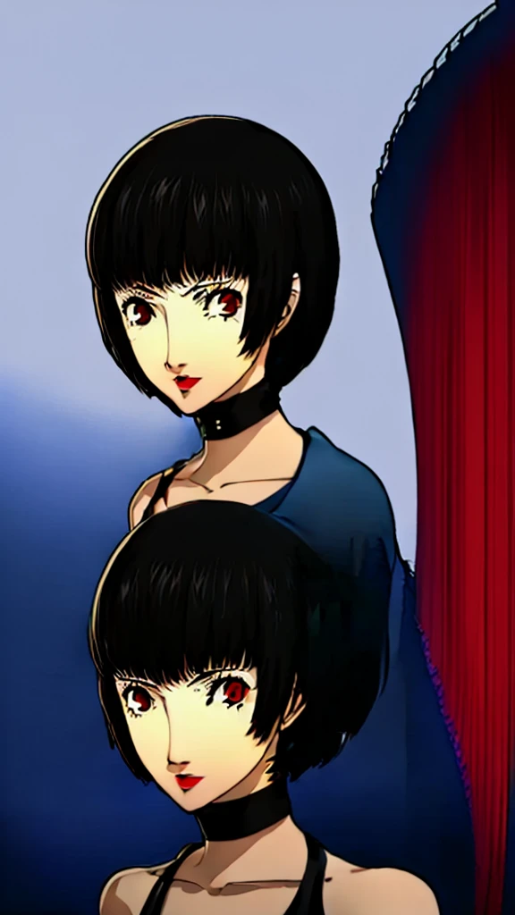 1 girl, very Short hair, tomboy Pixie haircut, black hair, red eyes, lipstick, black choker, face portrait, tank top, shigenori soejima style