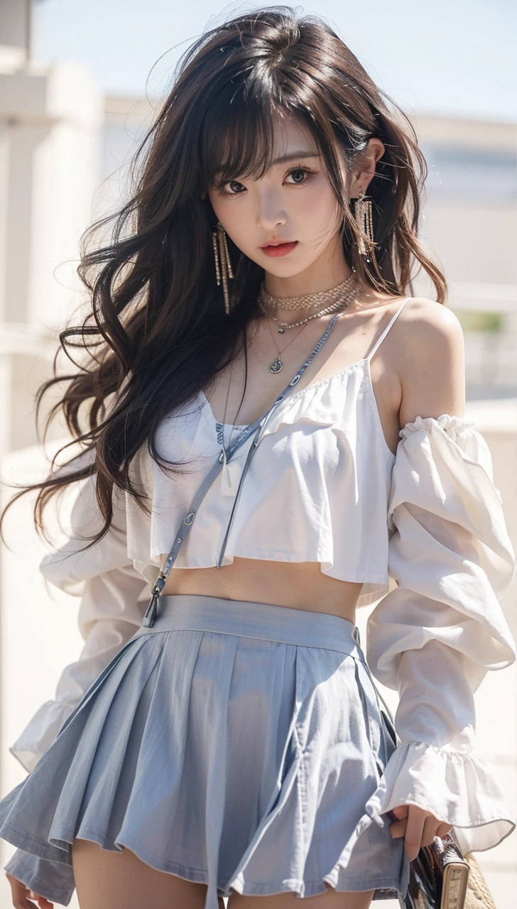Beautiful Japanese Waifu, early 30s, brunette hair, ear rings and necklace, white top, baby blue miniskirt 