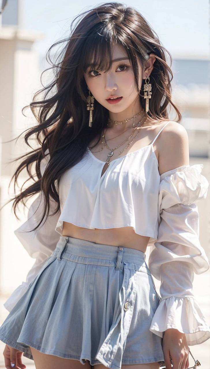 Beautiful Japanese Waifu, early 30s, brunette hair, ear rings and necklace, white top, baby blue miniskirt