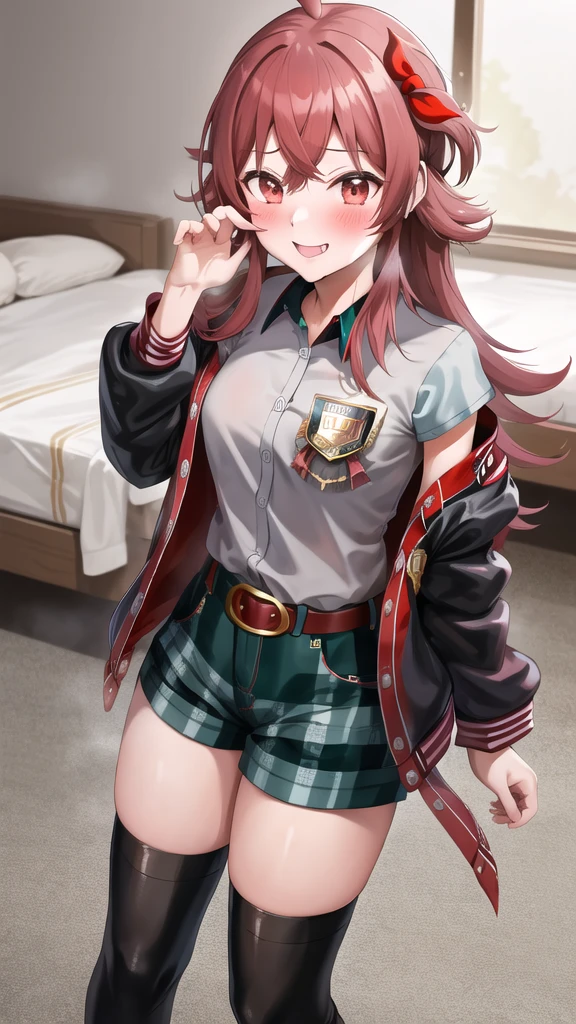 masterpiece, best quality, highres, akaho, long hair, ahoge, hair ribbon, red ribbon, letterman jacket, long sleeves, 手链, open jacket, collared shirt, grey shirt, Red belt, green shorts, plaid, black thighhighs, street, cowboy shot. :p、loafers、Long legs、Long legs、Absolute area、Micro Shorts、（Black knee socks:1.4) Grinning、Smile、is standing、Sweating:1.5), (steam:1.3), ((((blush))))),Absolute area、（black leather thigh boots）、a room、Hi-Res, 1girl in, ,},{{独奏,Boyish 1 Girl}} （High heels:1.4)