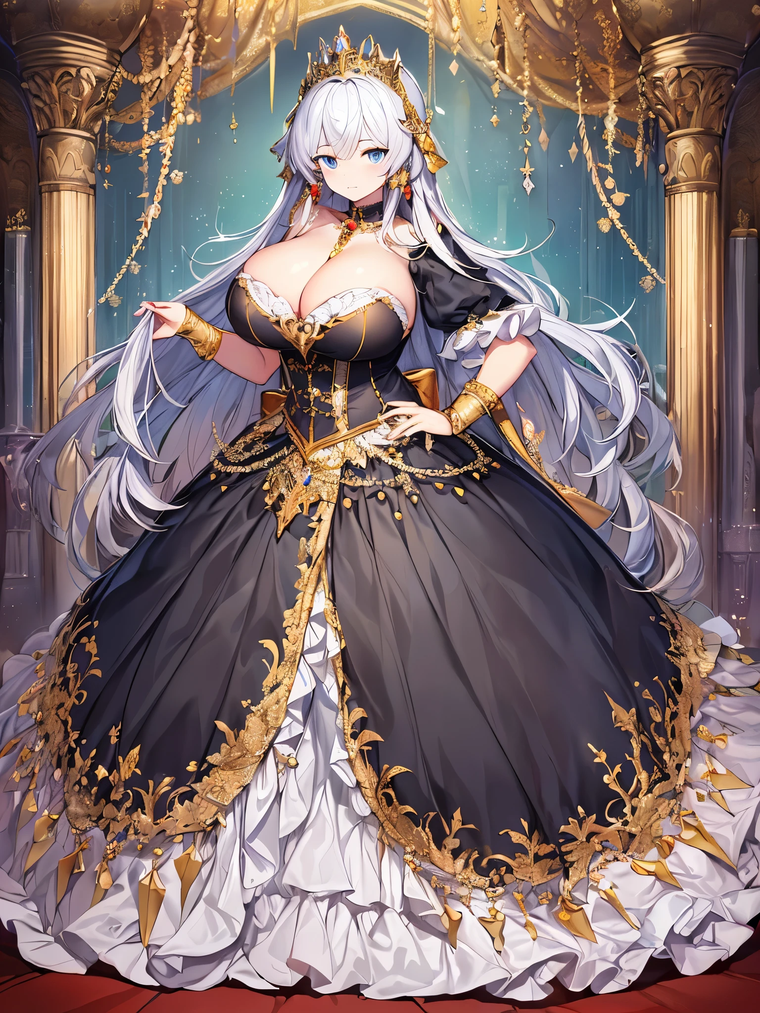 ((moe anime artstyle)),((Masterpiece)),(Best Quality),((Super Detail)),((Very Delicate and Beautiful)),((Solo)),full body,((full body portrait)),absurdly gigantic tits,(((1 bling-bling princess in beautiful embroidery and jeweled gorgeous rococo ballgown with voluminous full length crinoline hoop skirt))),((((absurdly gigantic tits)))),(deep cleavage),Skindentation,(detailed face and eyes),jewel-like eyes,((crinoline,long train,beautiful embroidery and lace)),super detailed voluminous gorgeous rococo ballgown with voluminous full length crinoline hoop skirt,((bling-bling voluminous gorgeous rococo princess ballgown)),((absurdly long Straight hair)),extremely gorgeous hair ornament,((extremely gorgeous big tiara)),luxurious jewelry,((beautiful embroidery and jeweled gorgeous rococo ballgown with voluminous full length crinoline hoop skirt)),(((absurdly gigantic tits))),full body,